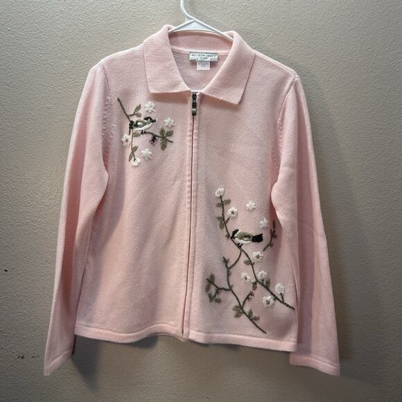 Allison Daley Pink Zip Up Embroidered Bird Cardigan Jacket Cottagecore Petite S - Picture 1 of 6